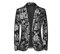 KBOPLEMQ Men's Floral Tuxedo Jacket Suit Wedding Blazer Dinner Tuxedo for Party Vintage Leisure Suit Jacket Lapel Office Formal Blazer Slim Fit Blazer Casual Tuxedo for Wedding Party, silver, XXXL