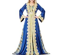 KBOPLEMQ Muslim Clothing Women Arabic Kaftan Without Hijab Prayer Clothing for Women Full Length Ethnic Clothing with Belt Abaya Islamic Moroccan Ramadan Robe, O Blue, XL