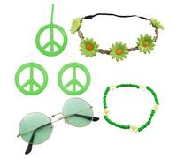 KBOPLEMQ Pack of 5 Hippie Costume Accessories, Vintage Accessories by Costume Hippie with Glasses, Peace Sign, Necklace, Earrings, Headband, Bracelets for Women and Men, 60s 70s 80s Carnival, Green,