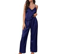 KBOPLEMQ Satin Pyjamas Women's Two-Piece Sleeveless Nightwear Women Silk Pyjamas Sleep Bottoms Set of 2 Pyjama Set Valentine's Day Sleepwear Loungewear Cami Top and Long Trousers Pyjamas, O Navy, S