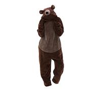 KBOPLEMQ Sherpa Bear Adult Onesie Animal Halloween Costume Unisex Pyjama Bodysuit with Hood Plush Clothing Carnival Halloween Onesie Plush Teddy Onesie Cosplay Suit for Adults Men, O Brown, XXL
