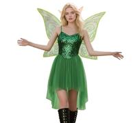KBOPLEMQ Tinkerbell Costume Women's Sequins Elf Dress with Butterfly Fairy Wings Forest Fairy Costume Fairies Fancy Dress Costumes Princess Adult Fairy Dress Flower Fairy Carnival Cosplay