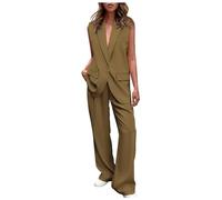 KBOPLEMQ Trouser Suit Women's 2-Piece Elegant Summer Sleeveless Suit Vest Straight Leg Trousers V-Neck Business Trouser Suit Leisure Suit Linen Two Piece Outfit Summer Blazer Set for Women, O coffee.,