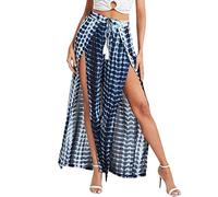 KBOPLEMQ Trousers Women's Linen Summer Trousers 7/8 Casual Lightweight Summer Trousers Hippie Long Trousers with Slit Loose Wide Leg Yoga Trousers Wide Leg Pants Side Split Slit Palazzo Pants Boho