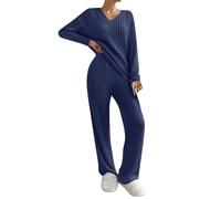 KBOPLEMQ Two-Piece Lounge Set Women's Leisure Suit V-Neck Knitted Warm Ribbed Shirt Top Trousers 2-Piece Outfit Sports Suit Sleepwear Knitted Set Ribbed Leisure Suit Winter Jogging Suit, P navy blue,