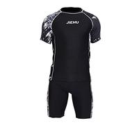 KBOPLEMQ Two Piece Swimsuit for Men UV Swimsuit Beach Wear Set UV Protection Swimming Shirt UPF 50+ Short Sleeve and Swimming Shorts for Surfing Swimming Running 2-Piece Swimming Set, O Black,