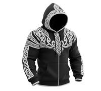 KBOPLEMQ Viking Costume Men's Viking Zip Hoodie 3D Printed Nordic Myth Tattoo Pullover Vikings Cosplay Fancy Dress Costumes Men Viking Jacket Men's Casual Hooded Jacket, O Black, XL