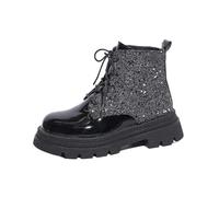 KBOPLEMQ Women's Ankle Boots Sequins Chunky Heels Ankle Boots Platform Lace-Up Boots Disco Chunky Boots with Round Cap Stable Sole Everyday Winter Gothic Boots Shoes Carnival Party Costume, O Black, 8