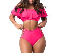 KBOPLEMQ Women's Bikini Set Push Up Bikini Large Sizes Tummy Control Bikini Set Two Piece Swimwear Ruffle Swimsuit High Waist Ruffle Sleeves Two Piece Off Shoulder Top Swimsuit, O Hot Pink, XL