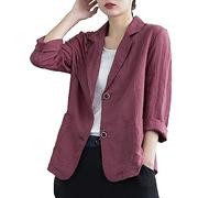 KBOPLEMQ Women's Blazer Linen Lightweight Lapel Collar Suit Jacket with Button Large Sizes Work Jackets Elegant Linen Blazer Long Sleeve Suit Jacket Elegant Short Blazer with Pocket for Summer, red,