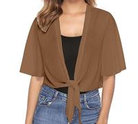 KBOPLEMQ Women's Chiffon Bolero Festive Jacket Summer Short Cardigan Light Thin Shoulder Jacket Open Front Cardigan Casual Top Plain 3/4 Sleeve Jacket for Dress Elegant Bolero Jacket, O Brown, S