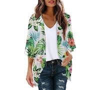 KBOPLEMQ Women's Chiffon Kimono Cardigan 3/4 Sleeve Floral Chiffon Kimono Cardigan Open Front 3/4 Sleeve Beach Cover Up Capes Sheer Loose Blouse Tops, Green 02, XL