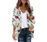 KBOPLEMQ Women's Chiffon Kimono Cardigan 3/4 Sleeve Floral Chiffon Kimono Cardigan Open Front 3/4 Sleeve Beach Cover Up Capes Sheer Loose Blouse Tops, red, XL