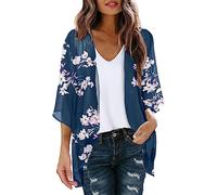 KBOPLEMQ Women's Chiffon Kimono Cardigan 3/4 Sleeve Floral Chiffon Kimono Cardigan Open Front 3/4 Sleeve Beach Cover Up Capes Sheer Loose Blouse Tops, Marine 02, L