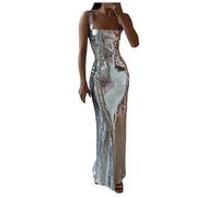 KBOPLEMQ Women's Cocktail Dress Sequins Evening Dress Glitter Bodycon Maxi Dresses Silver Wetlook Long Skinny Dresses Elegant Slim Fit Party Dress Sexy Sleeveless Mermaid Dresses Clubwear, O silver.,