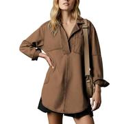 KBOPLEMQ Women's Denim Shirt with Turn-Down Collar Slim Fit as Casual Blouse V-Neck Oversized Sweatshirt Button Down Casual Denim Dress Fashionable Vintage Top Without Hood, O Brown, L