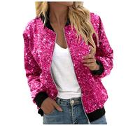 KBOPLEMQ Women's Glitter Gold Jacket Sequins Thin Long Sleeve Zip Bomber Jacket Metallic Fly Jacket Biker Jacket Sparkly Blazer Long Sleeve Sequins Party Club Open Suit Jacket, Z2 Hot Pink, XXL