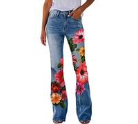 KBOPLEMQ Women's Jeans 70s Hippie Retro Women's Flared Trousers Denim Look Jeans Bell Bottom Leggings Elegant High Waist Jeans Retro Sexy Slim Fit Flared Trousers with Print Large Sizes S-XXL, P Red,