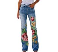 KBOPLEMQ Women's Jeans 70s Hippie Retro Women's Flared Trousers Denim Look Jeans Bell Bottom Leggings Elegant High Waist Jeans Retro Sexy Slim Fit Flared Trousers with Print Large Sizes S-XXL, O