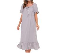 KBOPLEMQ Women's Knitted Cotton Nightdress Long Sleeve Sleepwear Long Sleeve Princess Lace Scoop Neck Lounge Homewear Vintage Victorian Night Dress Women Cute Retro Pyjamas Loungewear, O Grey, XXL