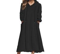 KBOPLEMQ Women's Long Dressing Gown with Zip Oversized Hoodie Fleece Sleepwear House Coat with Pockets Wearable Sweatshirt Comfortable Nightdress Hood Plush Full Length Loungewear, O Black, XXL