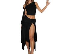 KBOPLEMQ Women's Long Skirt 2-Piece Set Sleeveless One Shoulder Crop Top Skirts Sexy Maxi Skirt with Slit Party Clubwear Summer Outfits Women's Two Piece Set Y2K Summer Beachwear Streetwear, O Black