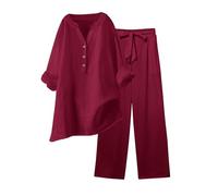 KBOPLEMQ Women's Muslin Trouser Suit, Women's Summer Cotton Two-Piece Linen Short Sleeve Top and Long Wide Leg Trousers Set, Plain Leisure Suit, 2-Piece Set, Muslin Linen Suit, Large Sizes, O wine, XL