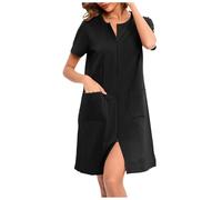 KBOPLEMQ Women's Nightdress with Zip Plain Maternity Midi Dress Abdominal Control House Coat Nightdress with Pockets Loungewear Bathrobe Soft Pregnancy Dress Nursing Dress Plain, O Black, M