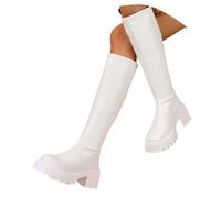 KBOPLEMQ Women's Platform Boots, Block Heel, Half High Boots, Comfortable Leather, Pointed Toe, Winter Boots, Fashionable Work Boots, Mid Calf Boots, Outdoor Trekking Shoes with Tread Sole, O White, 5