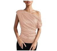 KBOPLEMQ Women's Sequin Top Glitter Off Shoulder Slanted Neck Party Tunic Tops Tunic Elegant Plain Blouse Streetwear Tops Sexy Blouse Shirt Casual Fashion Sleeveless Shirt, O Rose Gold, L