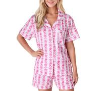 KBOPLEMQ Women's Short Shorty Pyjama Set, Cotton Summer Sleepwear, Two-Piece with Button Placket, V Neck, T-Shirt, Comfortable Leisure Suit, Y2K Silk Pyjamas, 2-Piece Outfit, Sleepwear, O Rosa, M