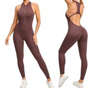 KBOPLEMQ Women's Sports Jumpsuit Long Sleeve Round Neck Yoga Jumpsuit Bodycon Slim Jogging Suit Club Outfit Stretch Jogging Romper Ribbed Knitted Sports Suit Tight Workout One-Piece, 01A Coffee, M