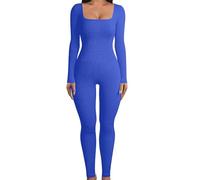 KBOPLEMQ Women's Sports Workout Jumpsuit Long Tight Yoga Bodysuit Playsuits Ribbed Knitted Jumpsuit Long Sleeve Bodycon Romper Sports Suit Tracksuit Scrunch Butt Rompers One Piece Trouser Suit, blue,