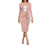 KBOPLEMQ Women's Suit Elegant 2-Piece Business Suit Set Summer Pencil Skirt 2-Piece Office Work Jacket and Skirt Outfit Long Sleeve Blazer and Skirt Two Piece Summer Suit Plain, O Rosa, M
