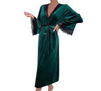 KBOPLEMQ Women's Velvet Dressing Gown Long Spa Robe Winter Sauna Gown with Trim Lace Long Plain Bathrobe Lace Sleeves Silk Satin Kimono V-Neck Nightdress Pure Colour Sleeping Gown, O Green, S