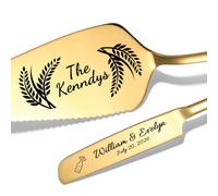 KBPTM Personalised Wedding Cake Knife and Server Set - Custom Cake Cutting Set with Engraved Names & Date, Cake Knife and Slice for Bride and Groom Anniversary Housewarming Gift (Golden)