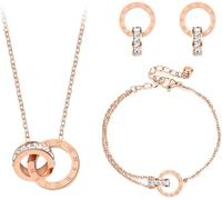 KBRPEY Jewellery Set for Women Necklace Bracelet and Earrings Set Double Circle Pendant Cubic Zirconia Round Interlocking Pendant Jewellery gifts for Her Wife Rose Gold(Rose Gold)
