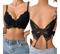 KBRPEY Lace Bra Wireless for Women Butterfly Bra Back Triangle Elastic Crop Top Deep V Neck Comfortable Bralette, black XL, XL