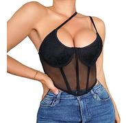 KBRPEY Women Halter Neck Vest Tops Mesh Corset Crop Top Summer Mesh Vintage Boned Cami Tops Sleeveless Spaghetti Strap Bustiers Corsets Slim Tight Cami Tops Club Outwear (L)