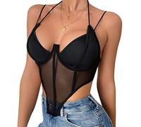 KBRPEY Women Retro Lace Corset Crop Top Summer Mesh Vintage Boned Cami Tops Sleeveless Spaghetti Strap Bustiers Corsets Slim Tight Cami Tops Club Outwear (L)