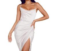 KBRPEY Women’s Satin Deep V-Neck Sexy Maxi Dress Low Cut Backless Spaghetti Strap Ruched Bodycon Slip Dress with Side Slit for Cocktail Party Club Evening Event White Size M