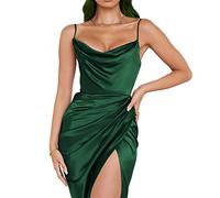 KBRPEY Women's Casual Satin Dress Women Low Cut Backless Dress Spaghetti Strap V-Neck Ruched Bodycon Slips Side Slit Cocktail Party Silk Midi Dresses (Dark Green L)