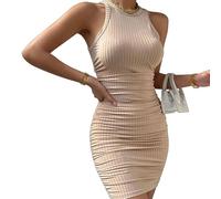 KBRPEY Women's Round Neck Bodycon Dress Sleeveless Dresses for Women Club Party Skims Dress Elegant Tight Dresses Solid Color Summer Sexy Dress Mid Long Corset Dress(Khaki L)