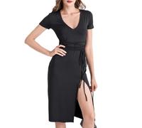 KBRPEY Womens Summer Dress Cocktail Midi Wrap Dresses V Neck Short Sleeve Dresses Split Sundress Plain Dress Casual Party Bohemian Flowy Long Dress for Ladies (M)