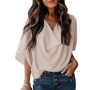 KBRPEY Womens Tops V Neck Ladies Tops Five-Part Sleeve Blouse Chiffon Shirt Casual Women's T-Shirts Elegant Long T Shirt Loose Summer Shirts Solid Color Top(Apricot M)