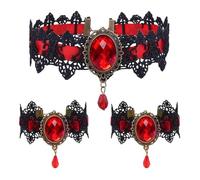 KBSICWO Gothic Red Lace Necklace Collar and Bracelet Set, Gothic Choker Necklace, Lace Gemstone Collar for Women's Halloween Costume or Cosplay