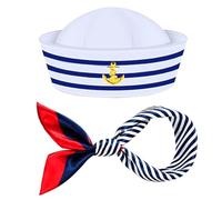 KBSICWO Sailor Hat and Scarf Set for Men Women, Blue White Striped Sailor Captains Hat and Red Edge Blue Bar Square Scarf, Costume Accessory for Cosplay Nautical Themes Party Stage Performance