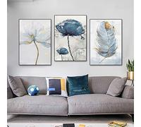 Kbsmx Abstract Light Blue Flower Canvas Painting Feather Posters and Prints Wall Art Picture for Living Room Home Decor,no frame,50 * 70 * 3Pcs