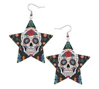 KC Gold Trendy Leather Star Earrings for Women - Day of The Dead Print Dangle Jewelry, Lightweight Fashionable Hoop Pendants