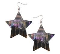 KC Gold Trendy Leather Star Earrings for Women - Lightweight Aerial Night of View Hong Kong Print Dangle Jewelry, Party Favors & Decorations